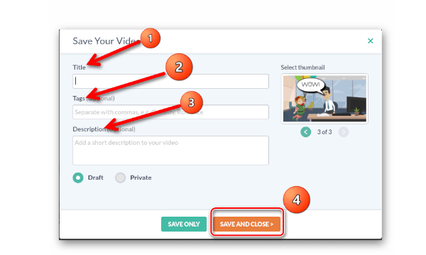 Поля "Title", "Tag" и "Description", раздел сохранения видеоролика, goanimate.com